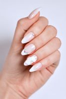 Faux ongles à presser personnalisés, vert chromé, French manucure, vente en gros, motif étoile, forme amande, estampage doré, taille moyenne, ABS