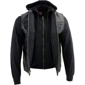 Chaleco 2 en 1 de Cuero MLM3563 para Hombre, Modelo 2025, con Calaveras Reflectantes, Negro, para Motociclismo y Automovilismo, con Capucha Desmontable - Product Image 1