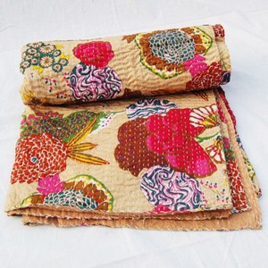 Handmade <b>Indian</b> Patchwork Kantha <b>Quilt</b> Floral Print Organic Cotton Bohemian Style All Season Home Decor - Product Image 2