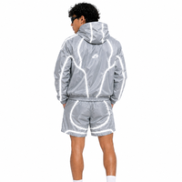 Ensemble de survêtement tendance gris premium pour homme avec logo personnalisé, coupe-vent imperméable réfléchissant en nylon et polyester, veste zippée et short