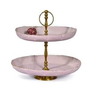 <b>Pink</b> Ceramic Two-Tier Cake Stand with Gold Base Handmade Multi-Layer Dessert Display At Best Price - Product Image 4