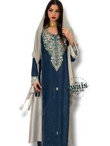 Robe longue en mousseline de soie pour femme, coupe droite, col montant, manches longues, unie, avec broderie de sequins et appliques, taille naturelle, style modeste - Product Image 2