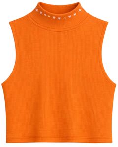 Débardeur côtelé orange personnalisé pour femme, col montant, sans manches, décontracté, mode estivale, doux et extensible, fabrication sur mesure - Product Image 1
