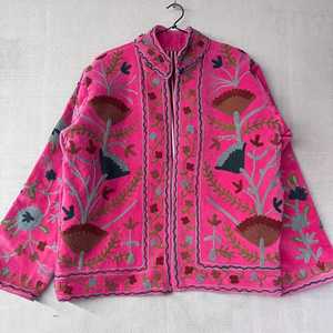 Pink Velvet Embroidered Mandarin Collar <b>Boho</b> Jacket Long Sleeve Floral Print Loose Fit Winter Wear <b>Summer</b> Casual <b>Dress</b> - Product Image 1