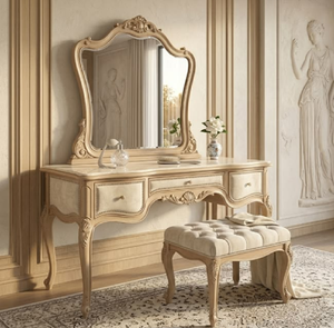 Elegant dark wood vanity <b>table</b> with <b>gold</b> trim, large mirror and cushioned stool, available at wholesale prices. - Product Image 4