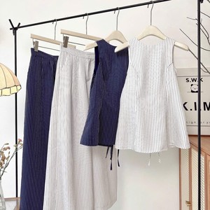 Conjunto de Dos Piezas para Mujer, Estilo Vintage, Informal, a Rayas, de Mezclilla, Sin Mangas, Top Largo, TERNO, Atuendo de Oficina para Verano, Poliéster, Lavado Claro - Product Image 1