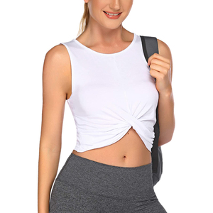 Top corto sin mangas gris oscuro con nudo frontal para mujer, camiseta de yoga y entrenamiento, top corto liso para mujer - Product Image 5
