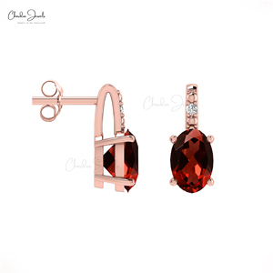 Mozambique Garnet 6x4mm Oval Cut Gemstone Push <b>Back</b> Studs <b>Earring</b> with 14k Solid Gold Diamond Halo Stud <b>Earrings</b> Wholesale Lot - Product Image 1