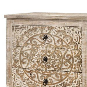 Luxury Handcrafted Solid Wood 3 Drawer Nightstand Ornate Mandala Jaali Carving Antique White Wash - Product Image 3
