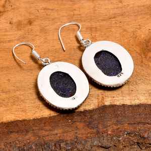 Boucles d'oreilles pendantes ovales en pierre d'or bleue, faites à la main en argent sterling, bijoux bohèmes en pierres précieuses, cadeau pour femme - Product Image 2