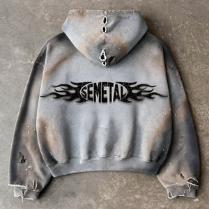 Sudadera con capucha y cremallera de corte holgado y extragrande, gris con estampado de llamas y efecto desgastado, con bolsillo, de felpa francesa, estilo urbano, LOGO personalizado - Product Image 5
