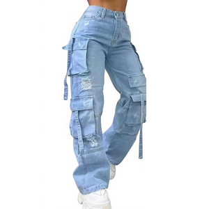 Pantalones Cargo de Cintura Alta para Hombre, Color Azul Claro, con Múltiples Bolsillos, Estilo Workwear, Lavado a la Piedra, para Verano - Product Image 1