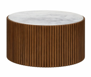 Mesa de Centro Moderna de Estilo Tambor Redondo, Elegante Base de Madera con Textura Acanalada Vertical, con Tapa de Mármol Blanco Liso - Product Image 4