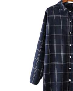 Vestido Camisero Largo Personalizado para Mujer, Azul Marino, Diseño a Cuadros, Estilo Túnica Holgada, Cierre de Botones, Casual, de Algodón Suave - Product Image 3