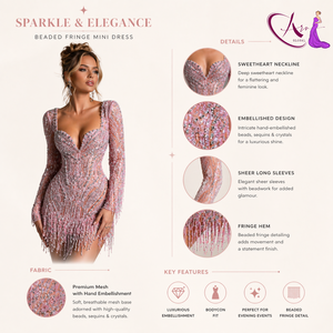 Robe courte à manches longues en perles de cristal rose |   Robe de soirée de luxe moulante à col cœur avec franges et pompons, idéale pour les cocktails et événements de créateurs - Product Image 5