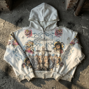 White Autumn Knitted Vintage Acid Wash Digital Printing <b>Zip</b> <b>Hoodie</b> 100% Cotton Oversized Men's Front Print <b>Pocket</b> Jacket - Product Image 2