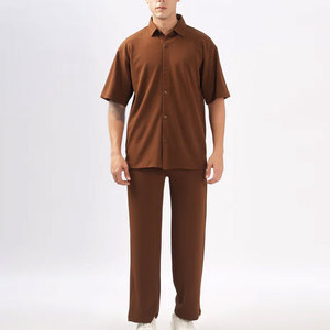 Premium Men's Solid Matching Shirt <b>Trouser</b> Set 100% Cotton Elastic Waist Breathable Eco-Friendly Fabric Casual Resort Style - Product Image 1