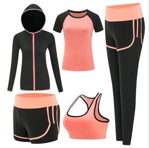 Conjunto Deportivo de 5 Piezas para Mujer, Sudadera con Capucha Negra, Camiseta, Sujetador Deportivo, Pantalones Cortos de Ciclismo, Leggings, Sin Costuras, Transpirables, de Poliéster - Product Image 2