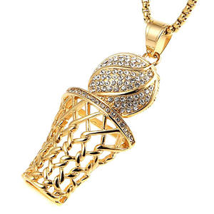 Collar con colgante de baloncesto chapado en oro amarillo macizo sobre plata, con incrustaciones, estilo hip hop, joyería deportiva con cuerda y red de baloncesto - Product Image 3