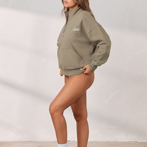 Sweat-shirt oversize pour femme à col zippé, couleur unie, épaules tombantes, en molleton, avec logo frontal, streetwear d'automne - Product Image 1