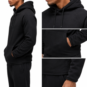 Sudadera con Capucha Negra para Hombre, Manga Raglán, Color Sólido, Felpa Francesa, Estilo Casual Otoñal, Corte Regular, Diseño con Bolsillos - Product Image 2