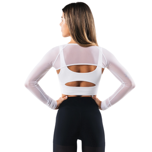 Top Corto de Manga Larga de Malla para Mujer, Blanco, Elástico, Transpirable, para Entrenamiento Atlético, Yoga, Gimnasio, Estilo Deportivo en Capas - Product Image 2