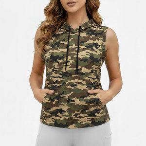 OEM Women's Sublimation Camouflage Design Sleeveless Pullover Hoodies Breathable 100% Cotton French Terry Sleeveless Gym Hoodie - Product Image 1