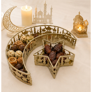 Luxury <b>Gold</b> Metal Ramadan <b>Serving</b> <b>Tray</b> Set Moon Star Shaped Eid Mubarak Decoration Hollow Out Mosque Pattern Iron Art Dessert - Product Image 2
