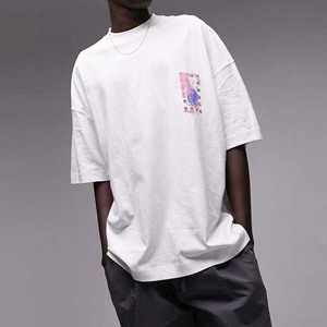 T-shirt en coton blanc surdimensionné avec motif imprimé sur le devant, décontracté, manches courtes, col rond, coupe jersey pour homme - Product Image 4