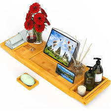 Bamboo Bathtub <b>Caddy</b> Tray Expanding <b>Bath</b> Board Organizer Wine Glass Tablet Holder For Luxury Spa Bathroom Decor Wholesale - Product Image 3