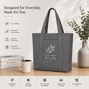 Sac fourre-tout en toile de coton gris avec fermeture éclair, pour le shopping et les voyages, motif feuilles 'Live Simply Bloom Wildly', 36x40x12 cm, capacité 17-20L - Product Image 6