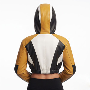 Women Premium Leather Crop Hoodie Women's Leather Crop Long Sleeve Hooded Female Leather <b>Zip</b> <b>Cropped</b> Hood - Product Image 2