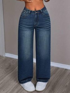 Jean en denim délavé foncé 100 % coton écologique pour femme, coupe droite, longueur complète, ajustement régulier, pantalon décontracté avec ceinture - Product Image 6
