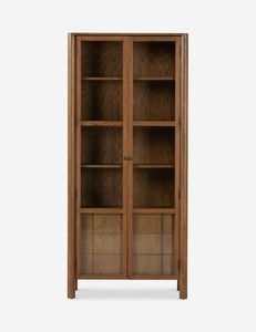<b>Solid</b> Teak <b>Wood</b> <b>Bookcase</b> with Glass Doors Modern Display Cabinet for Living Room Office - Product Image 1
