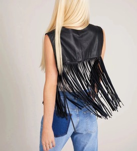 Chaleco Corto sin Mangas de Cuero Genuino para Mujer de Lenova Industries, con Decoración de Flecos, Cuello Extendido, Cinturón Repujado, Estilo Motociclista, Otoño - Product Image 2