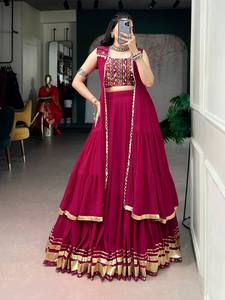 Conjunto de Lehenga de Seda Rosa Magenta Intenso con Bordado de Red, Traje Indio sin Coser, Dupatta sin Mangas, Largo hasta el Suelo, para Fiesta o Boda - Product Image 1