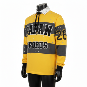 Camiseta de Rugby para Hombre, Algodón y Poliéster, Gruesa, Amarilla con Paneles Negros, Rayas, Logotipo de Diamantes de Imitación, para Camisetas de Polo - Product Image 4