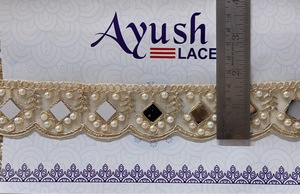 Wholesale Hand Look Pearl Bead Mirror Work Scalloped Lace Trim Indian Ethnic <b>Kaftan</b> Saree Border Embroidered Decorative Sewing - Product Image 3