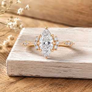 Classic Marquise Cut Floral Sunburst Halo Pave Band Lab Grown <b>Diamond</b> Engagement <b>Ring</b> 10K 14K 18K Solid Gold IGI Certified - Product Image 1
