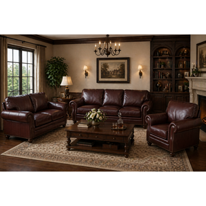 Juego de Sofás de Cuero Marrón de Lujo, 3 Plazas, 2 Plazas, 1 Plaza, Muebles Clásicos para Sala de Estar, Estilo Chesterfield - Product Image 1