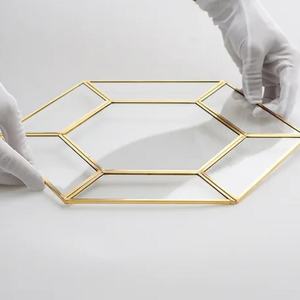 Hexagon <b>Gold</b> Metal Frame <b>Mirrored</b> Glass Storage Tray Minimalist Design Easy To Clean Standing Type <b>Table</b> Decorative Serving Tray - Product Image 1