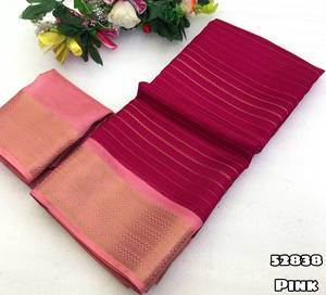 Sari en soie crêpe rose MYSORE avec rayures dorées, tenue de mariage indienne traditionnelle pour femmes 52838 - Product Image 1