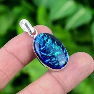Pendentif élégant fait main en opale bleue triple vague marine, en argent sterling 925 plaqué or, cadeau de fiançailles vintage pour elle - Product Image 3