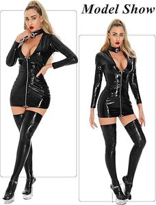 Combinaison en cuir latex pour femme avec fermeture éclair et mini-jupe, ensemble de vêtements fétichistes personnalisés, tenue de boîte de nuit - Product Image 5