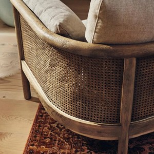 Scandinavian Wooden Armchair With <b>Cane</b> Back And Cream Upholstery Modern Leisure <b>Chair</b> For Living Room - Product Image 6