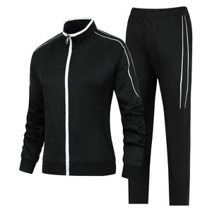 Women's Black Tracksuit Set Full Zip <b>Jacket</b> With White Stripe Side Pockets Jogger Pants Sporty Casual Autumn Wear - Product Image 1
