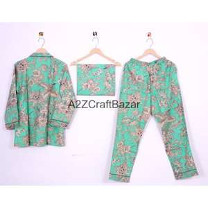 Conjunto de Pijama de Manga Larga para Mujer, 100% Algodón Indio, Estampado Floral, Cintura Elástica, Secado Rápido, Tela Transpirable, Informal para Toda Temporada - Product Image 4