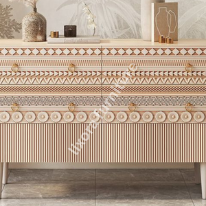 Luxury Handcrafted Solid Wood 6 Drawer Dresser Ornate Tribal Geometric Carving Natural Oak Finish - Product Image 5
