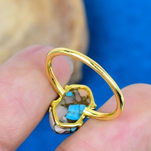 Natural Pink <b>Opal</b> Copper Turquoise Hexagon Shape Gemstone <b>Ring</b> 18k <b>Gold</b> Micron Over 925 Sterling Silver - Product Image 4