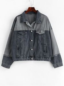 Veste en jean unisexe décontractée style automne, coupe courte, col rabattu, color block, finition délavée, ourlet effiloché, manches classiques - Product Image 4